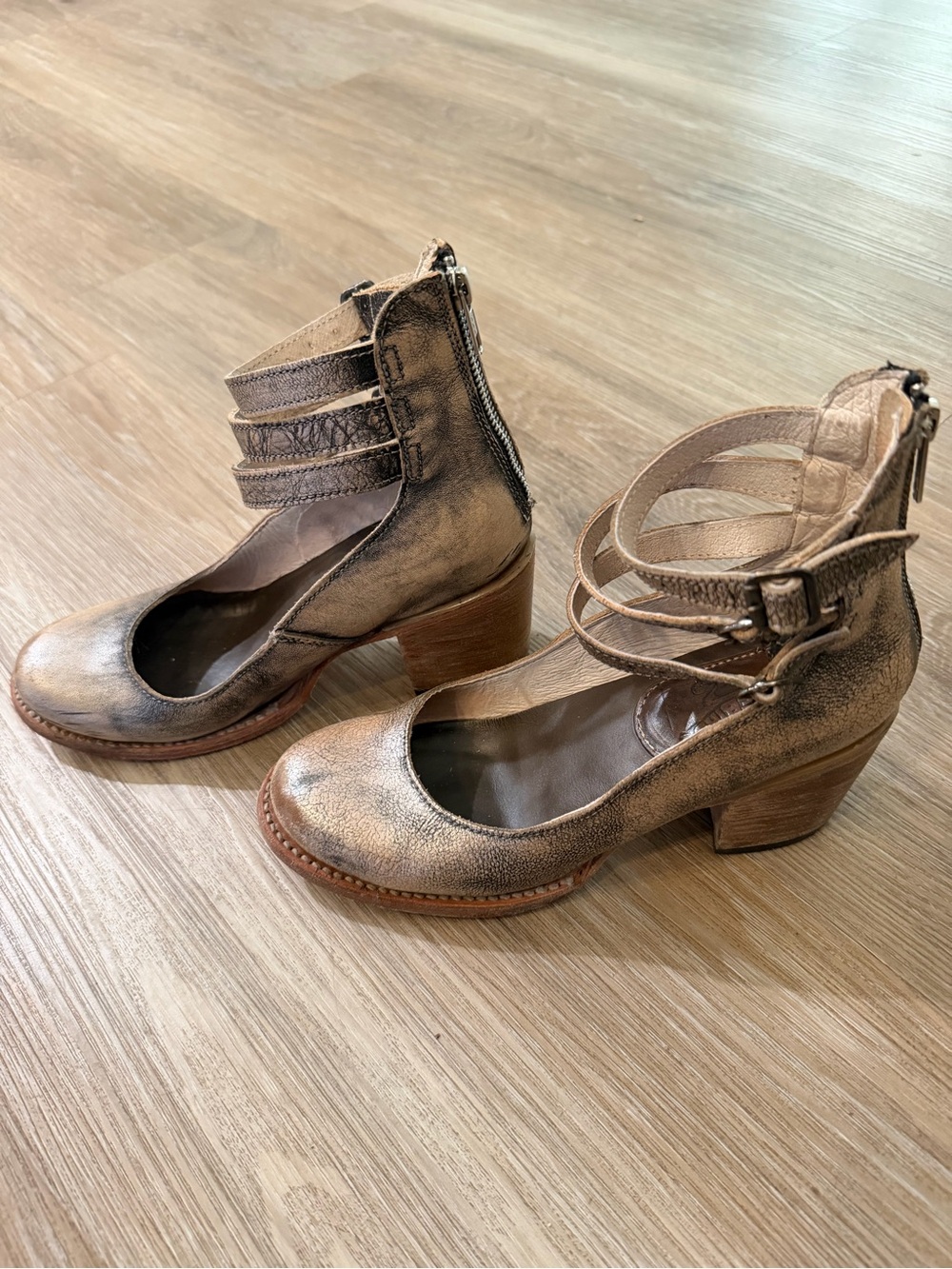 freebird Metallic Bronze Double-Strap Ankle Heels - Picture 4 of 7